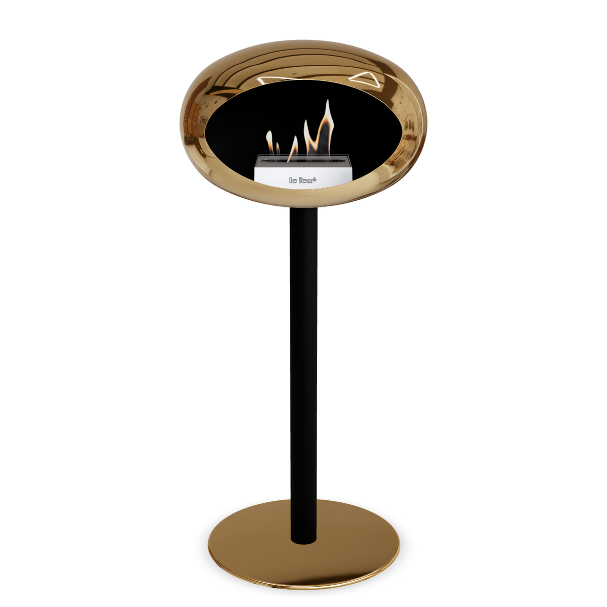 Bioethanol Standkamin Le Feu GROUND STEEL HIGH freistehend 60 mm in Chrom Roségold mit Rohr Schwarz, Brenner Edelstahl und Bodenplatte Roségold