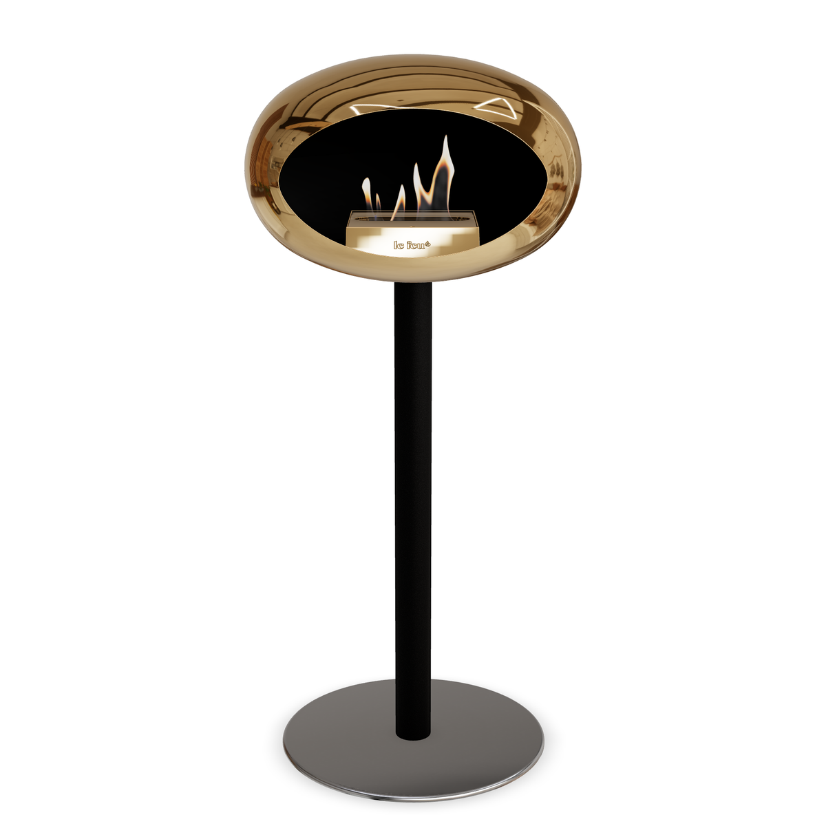 Bioethanol Standkamin Le Feu GROUND STEEL HIGH freistehend 60 mm in Chrom Roségold mit Rohr Schwarz, Brenner Roségold und Bodenplatte Edelstahl