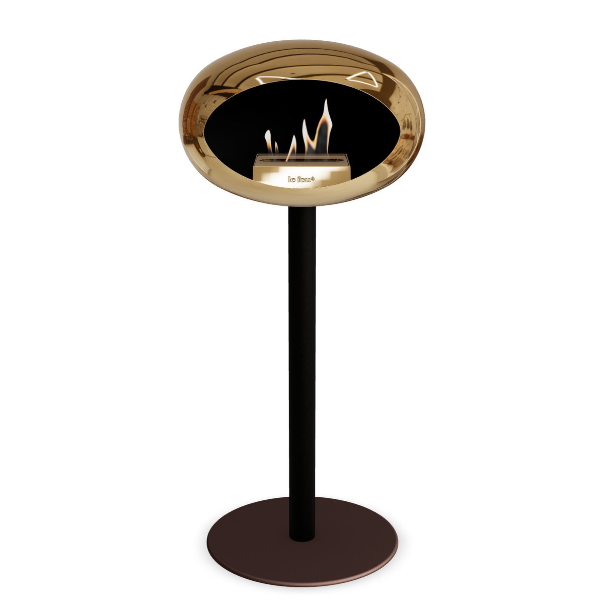 Bioethanol Standkamin Le Feu GROUND STEEL HIGH freistehend 60 mm in Chrom Roségold mit Rohr Schwarz, Brenner Roségold und Bodenplatte Mokka