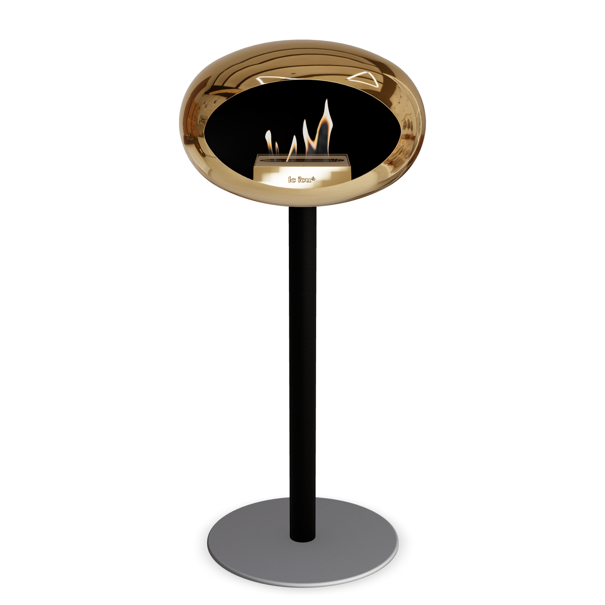 Bioethanol Standkamin Le Feu GROUND STEEL HIGH freistehend 60 mm in Chrom Roségold mit Rohr Schwarz, Brenner Roségold und Bodenplatte Nickel