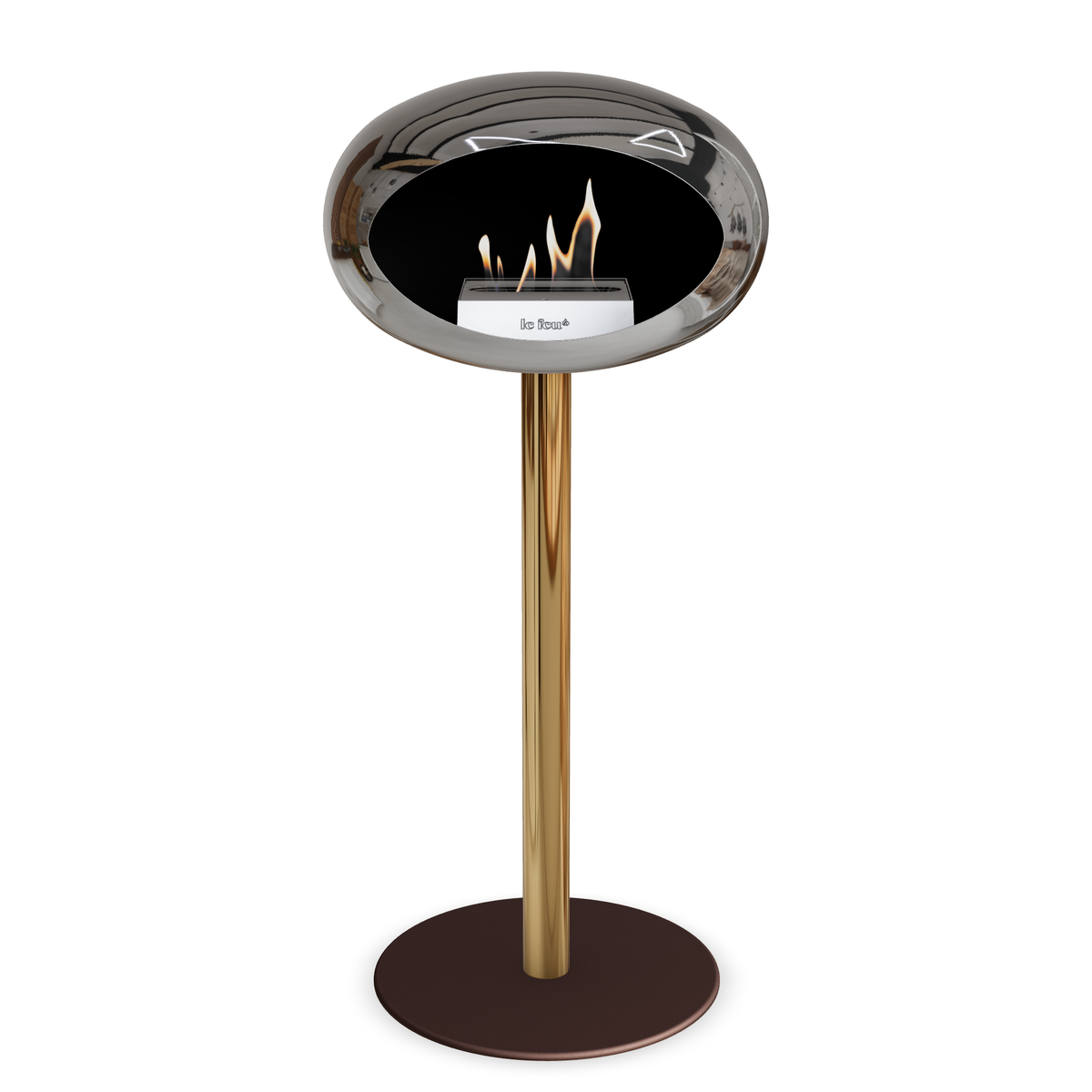 Bioethanol Standkamin Le Feu GROUND STEEL HIGH freistehend 60 mm in Chrom Silber mit Rohr Roségold, Brenner Roségold und Bodenplatte Mokka