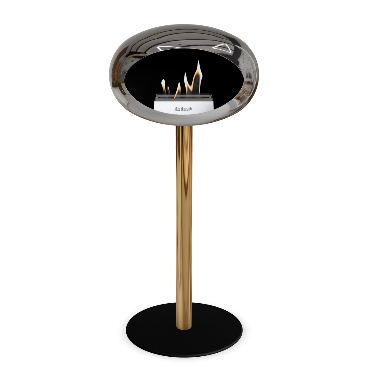 Bioethanol Standkamin Le Feu GROUND STEEL HIGH freistehend 60 mm in Chrom Silber mit Rohr Roségold, Brenner Roségold und Bodenplatte Schwarz