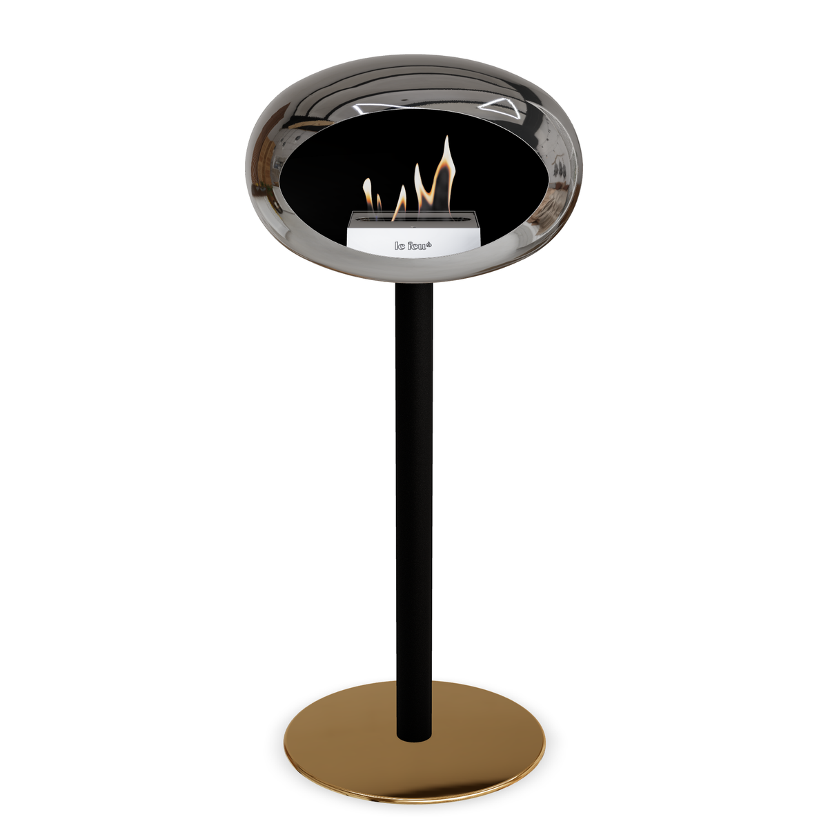 Bioethanol Standkamin Le Feu GROUND STEEL HIGH freistehend 60 mm in Chrom Silber mit Rohr Schwarz, Brenner Roségold und Bodenplatte Roségold