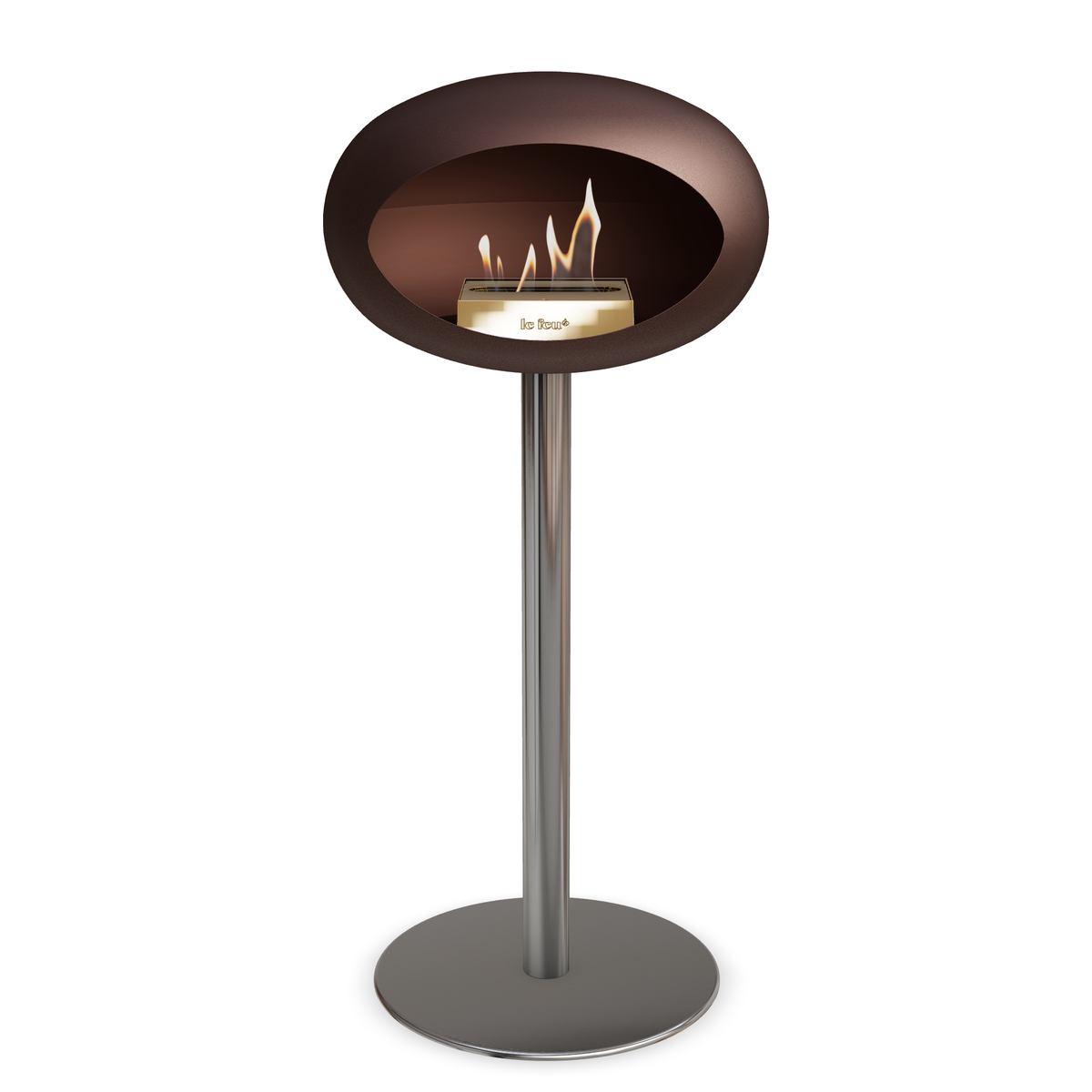 Bioethanol Standkamin Le Feu GROUND STEEL HIGH freistehend 60 mm in Mokka mit Rohr Edelstahl, Brenner Roségold und Bodenplatte Edelstahl