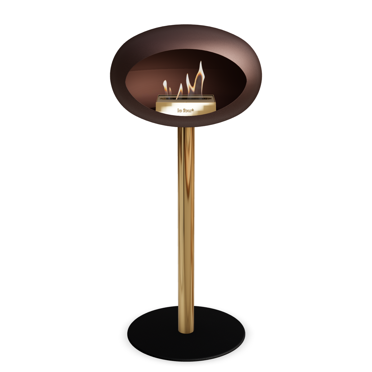 Bioethanol Standkamin Le Feu GROUND STEEL HIGH freistehend 60 mm in Mokka mit Rohr Roségold, Brenner Roségold und Bodenplatte Schwarz