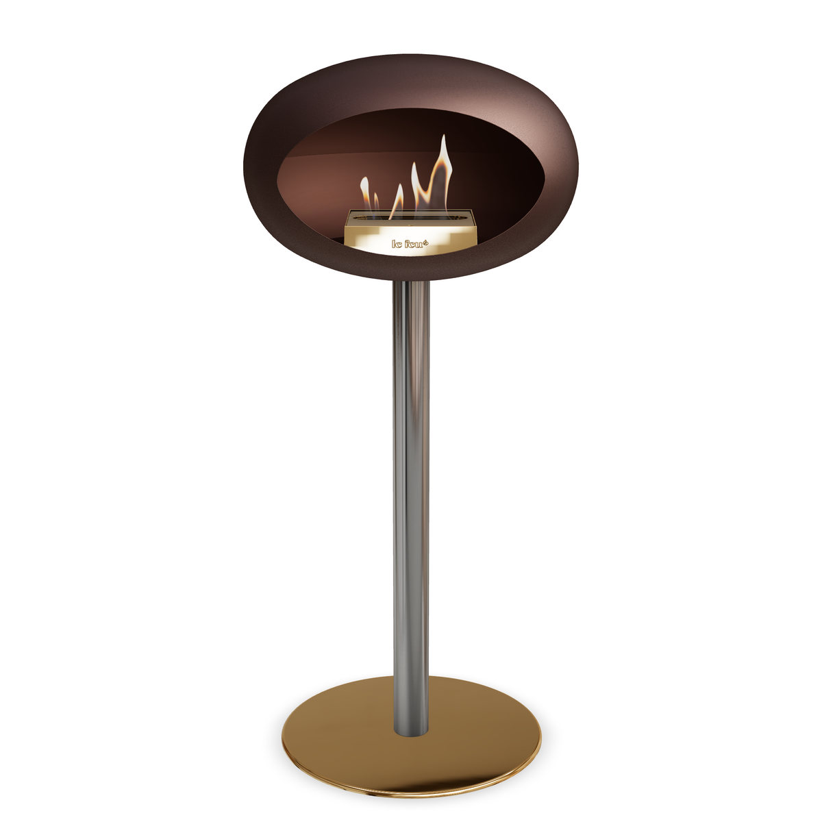 Bioethanol Standkamin Le Feu GROUND STEEL HIGH freistehend 60 mm in Mokka mit Rohr Edelstahl, Brenner Roségold und Bodenplatte Roségold