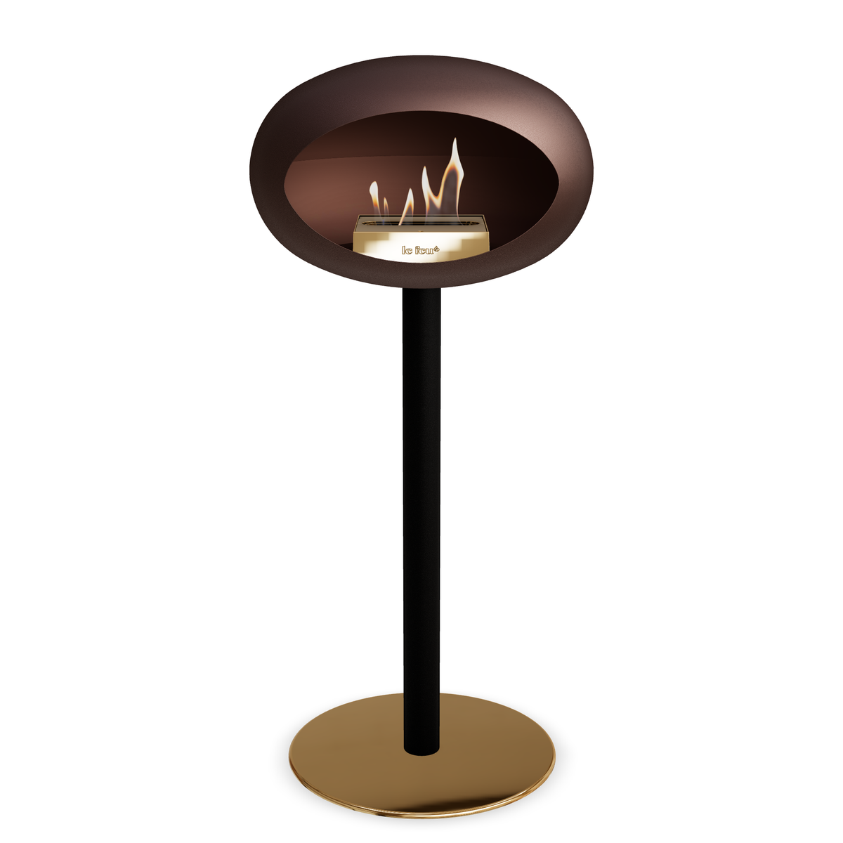 Bioethanol Standkamin Le Feu GROUND STEEL HIGH freistehend 60 mm in Mokka mit Rohr Schwarz, Brenner Roségold und Bodenplatte Roségold