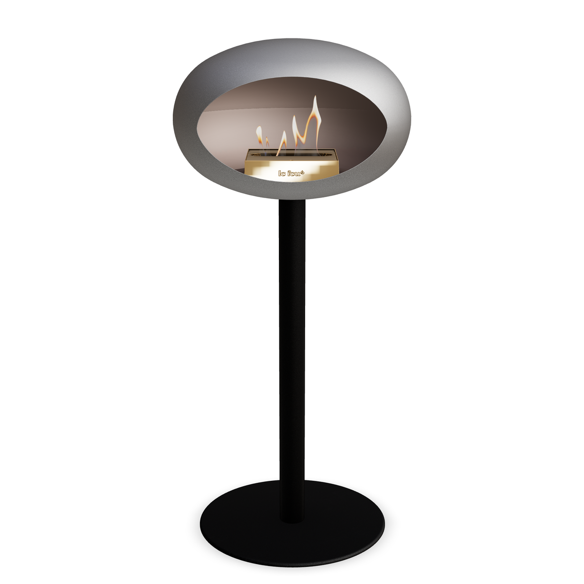 Bioethanol Standkamin Le Feu GROUND STEEL HIGH freistehend 60 mm in Nickel mit Rohr Schwarz, Brenner Roségold und Bodenplatte Schwarz