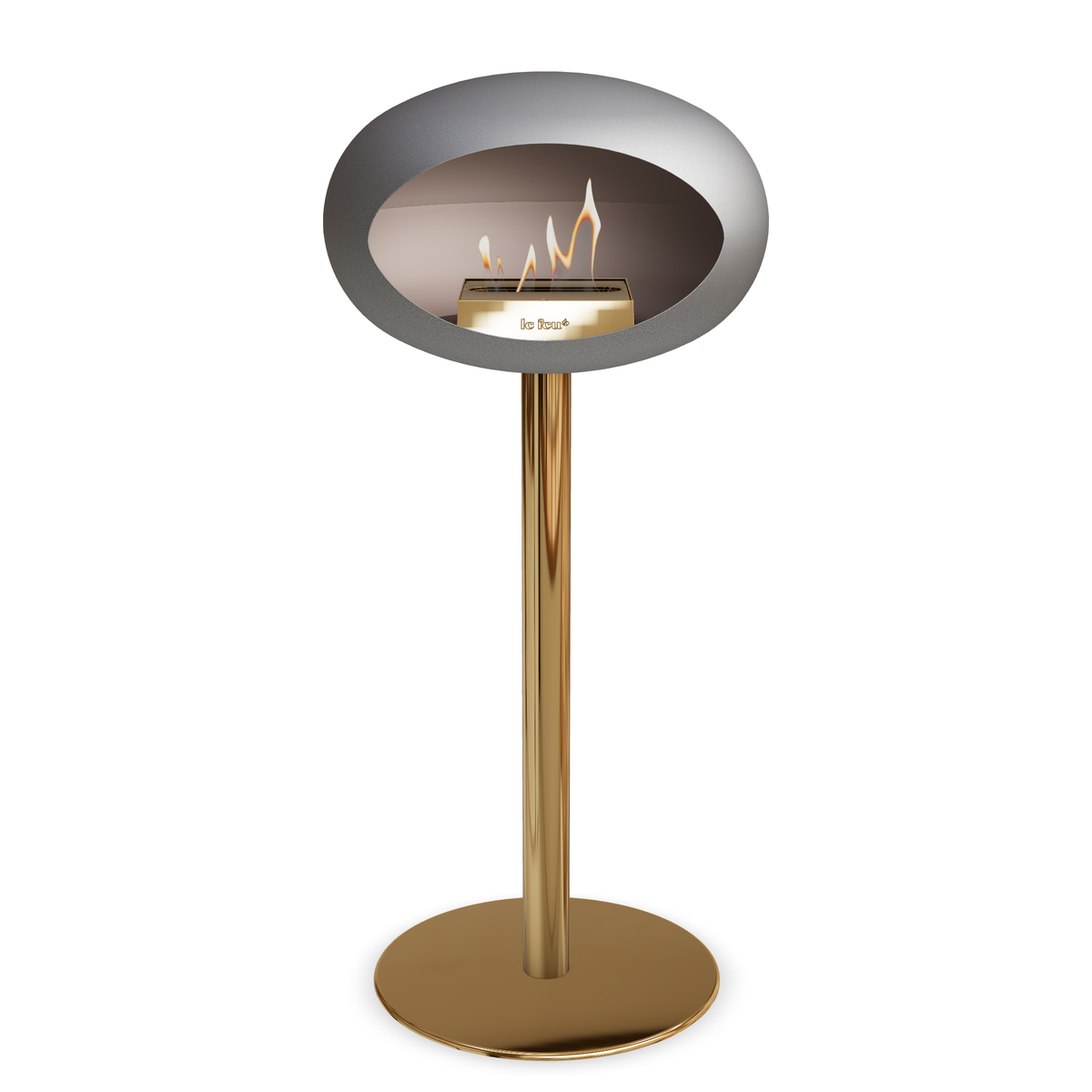 Bioethanol Standkamin Le Feu GROUND STEEL HIGH freistehend 60 mm in Nickel mit Rohr Roségold, Brenner Roségold und Bodenplatte Roségold