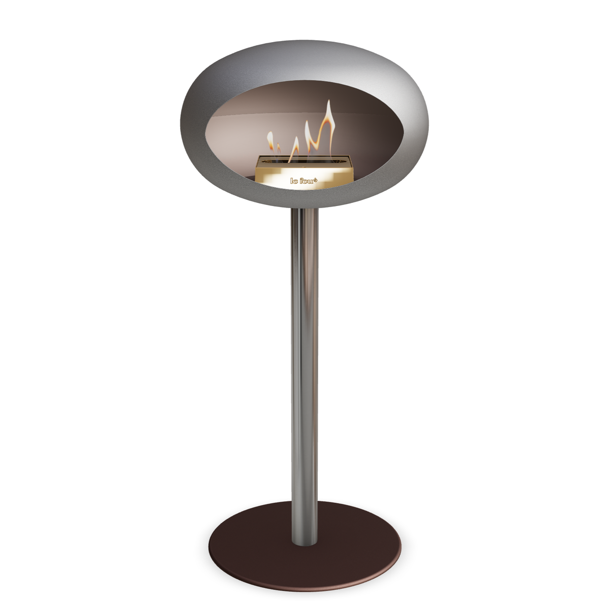 Bioethanol Standkamin Le Feu GROUND STEEL HIGH freistehend 60 mm in Nickel mit Rohr Edelstahl, Brenner Roségold und Bodenplatte Mokka