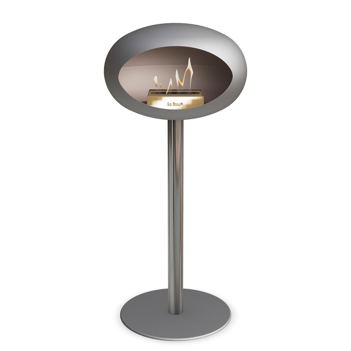 Bioethanol Standkamin Le Feu GROUND STEEL HIGH freistehend 60 mm in Nickel mit Rohr Edelstahl, Brenner Roségold und Bodenplatte Nickel