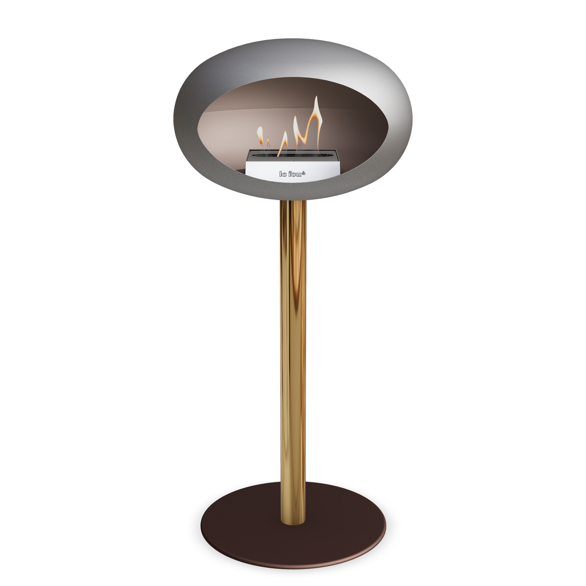 Bioethanol Standkamin Le Feu GROUND STEEL HIGH freistehend 60 mm in Nickel mit Rohr Roségold, Brenner Edelstahl und Bodenplatte Mokka