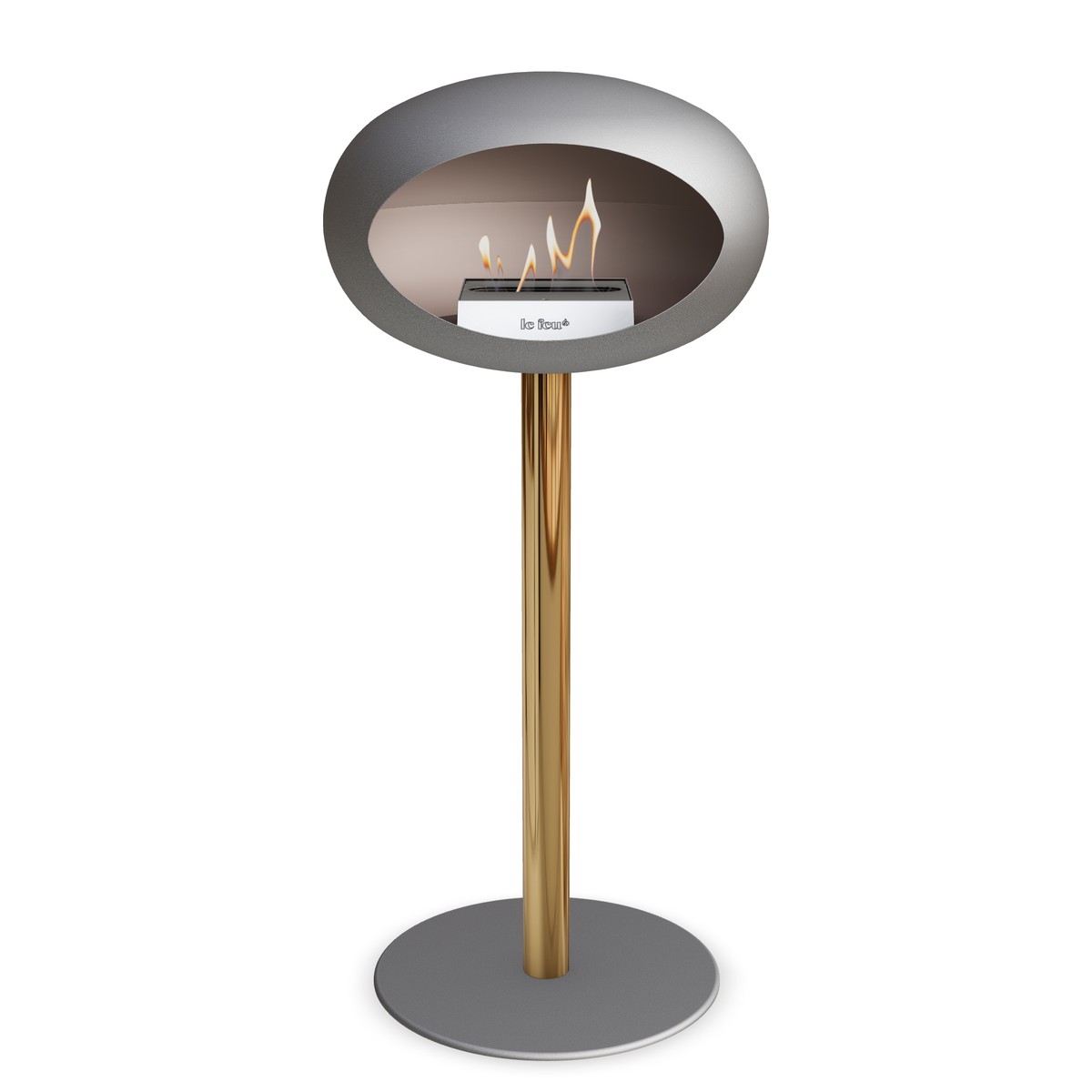 Bioethanol Standkamin Le Feu GROUND STEEL HIGH freistehend 60 mm in Nickel mit Rohr Roségold, Brenner Edelstahl und Bodenplatte Nickel