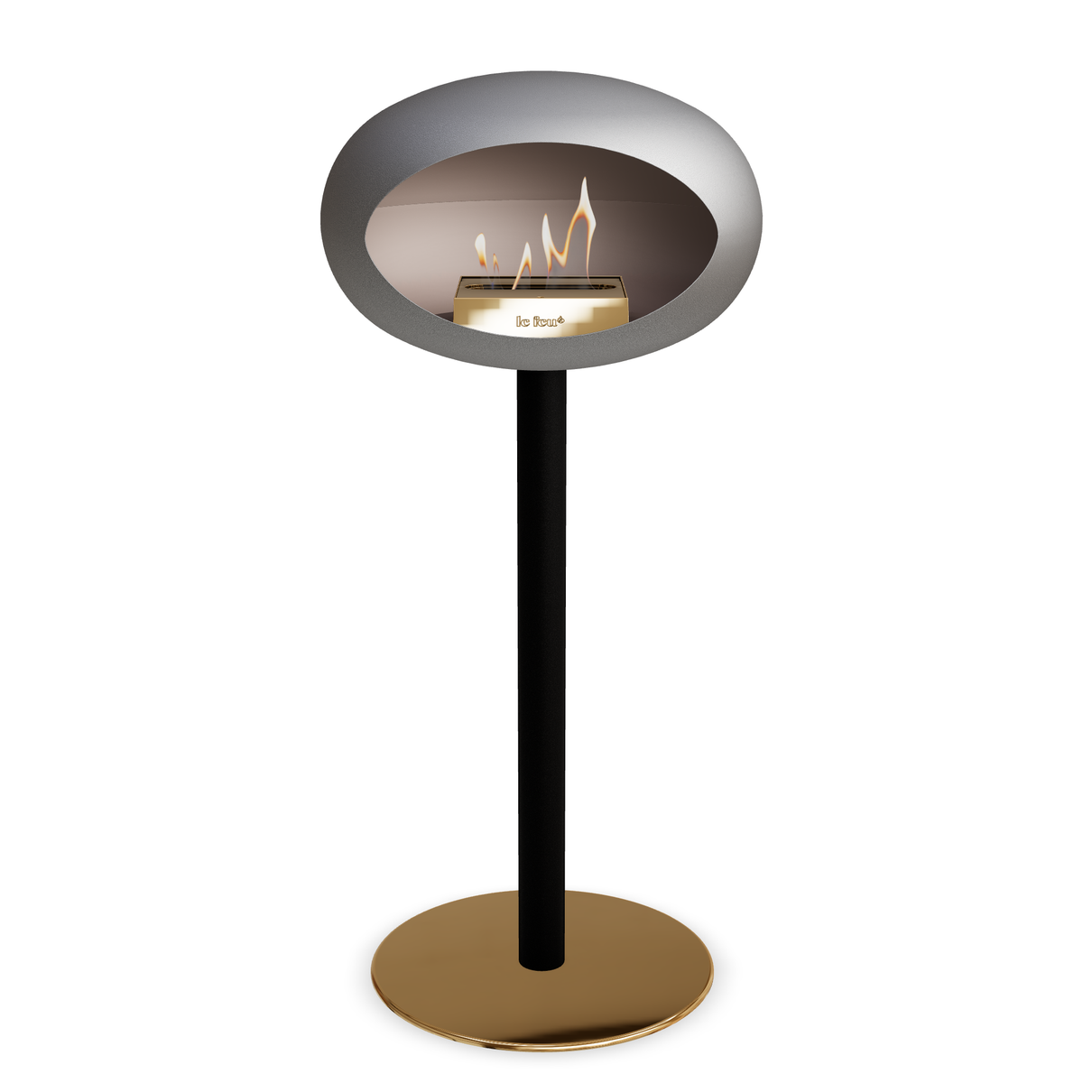 Bioethanol Standkamin Le Feu GROUND STEEL HIGH freistehend 60 mm in Nickel mit Rohr Schwarz, Brenner Roségold und Bodenplatte Roségold