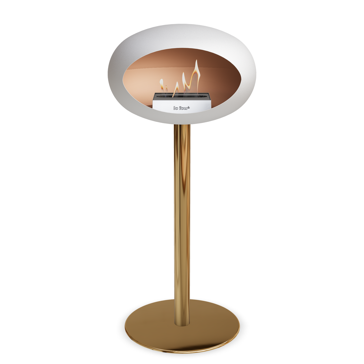 Bioethanol Standkamin Le Feu GROUND STEEL HIGH freistehend 60 mm in Weiss mit Rohr Roségold, Brenner Edelstahl und Bodenplatte Roségold