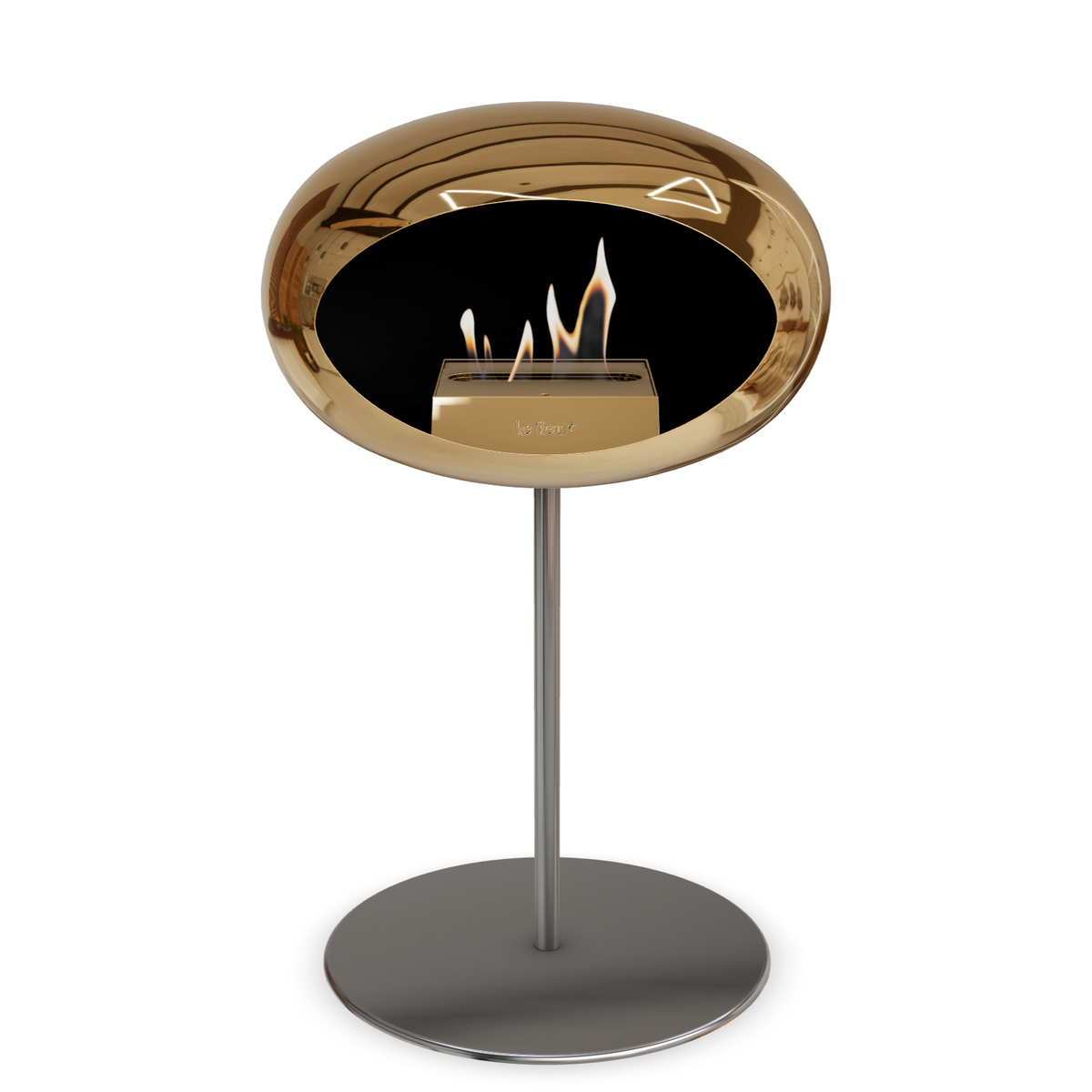 Bioethanol Standkamin Le Feu GROUND STEEL LOW freistehend 25 mm in Chrom Roségold mit Rohr Edelstahl, Brenner Roségold und Bodenplatte Edelstahl
