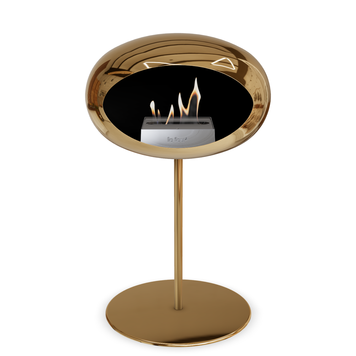 Bioethanol Standkamin Le Feu GROUND STEEL LOW freistehend 25 mm in Chrom Roségold mit Rohr Roségold, Brenner Edelstahl und Bodenplatte Roségold