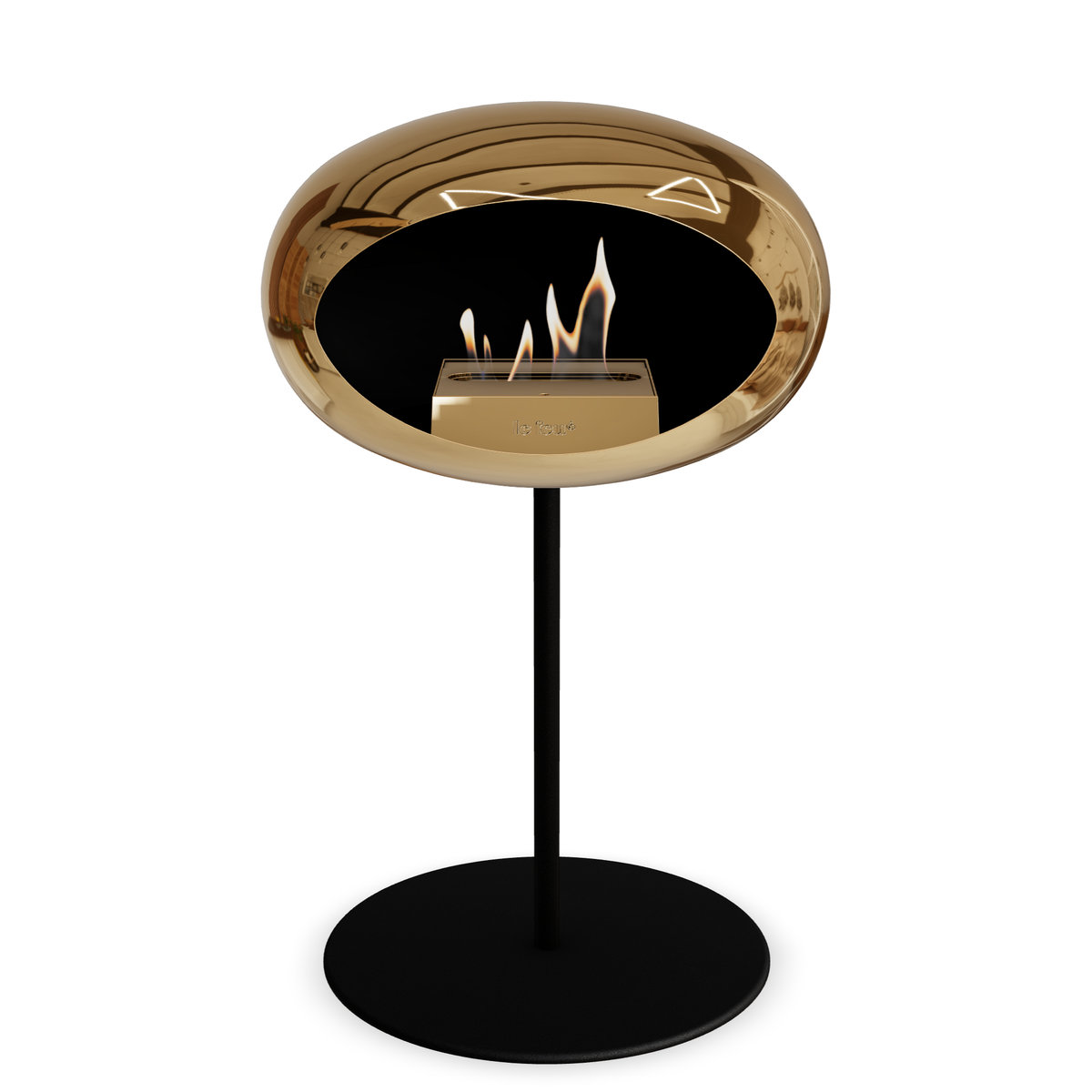Bioethanol Standkamin Le Feu GROUND STEEL LOW freistehend 25 mm in Chrom Roségold mit Rohr Schwarz, Brenner Roségold und Bodenplatte Schwarz