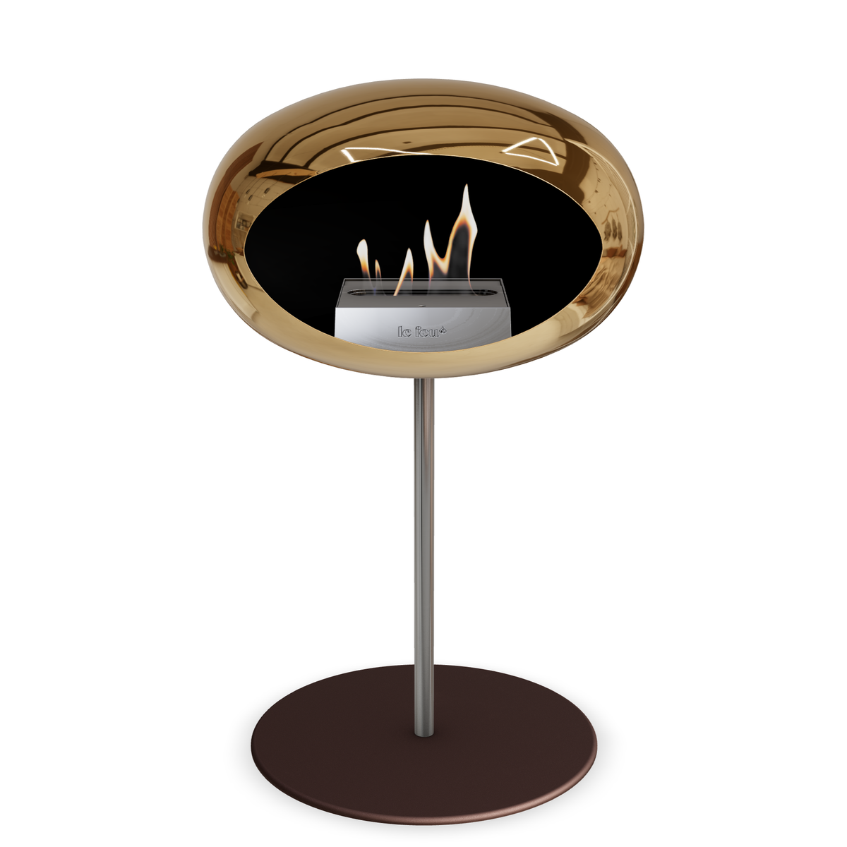 Bioethanol Standkamin Le Feu GROUND STEEL LOW freistehend 25 mm in Chrom Roségold mit Rohr Edelstahl, Brenner Edelstahl und Bodenplatte Mokka
