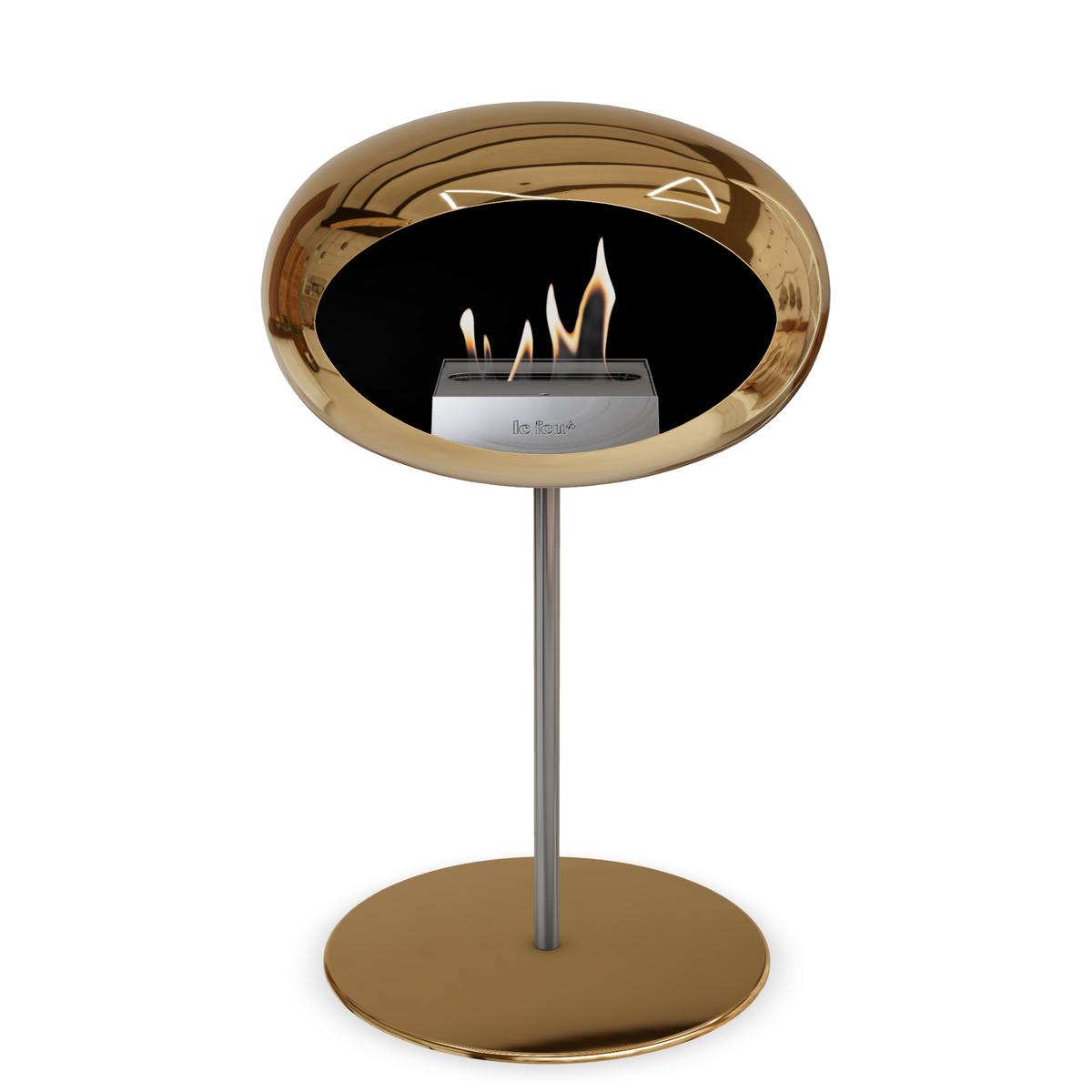 Bioethanol Standkamin Le Feu GROUND STEEL LOW freistehend 25 mm in Chrom Roségold mit Rohr Edelstahl, Brenner Edelstahl und Bodenplatte Roségold