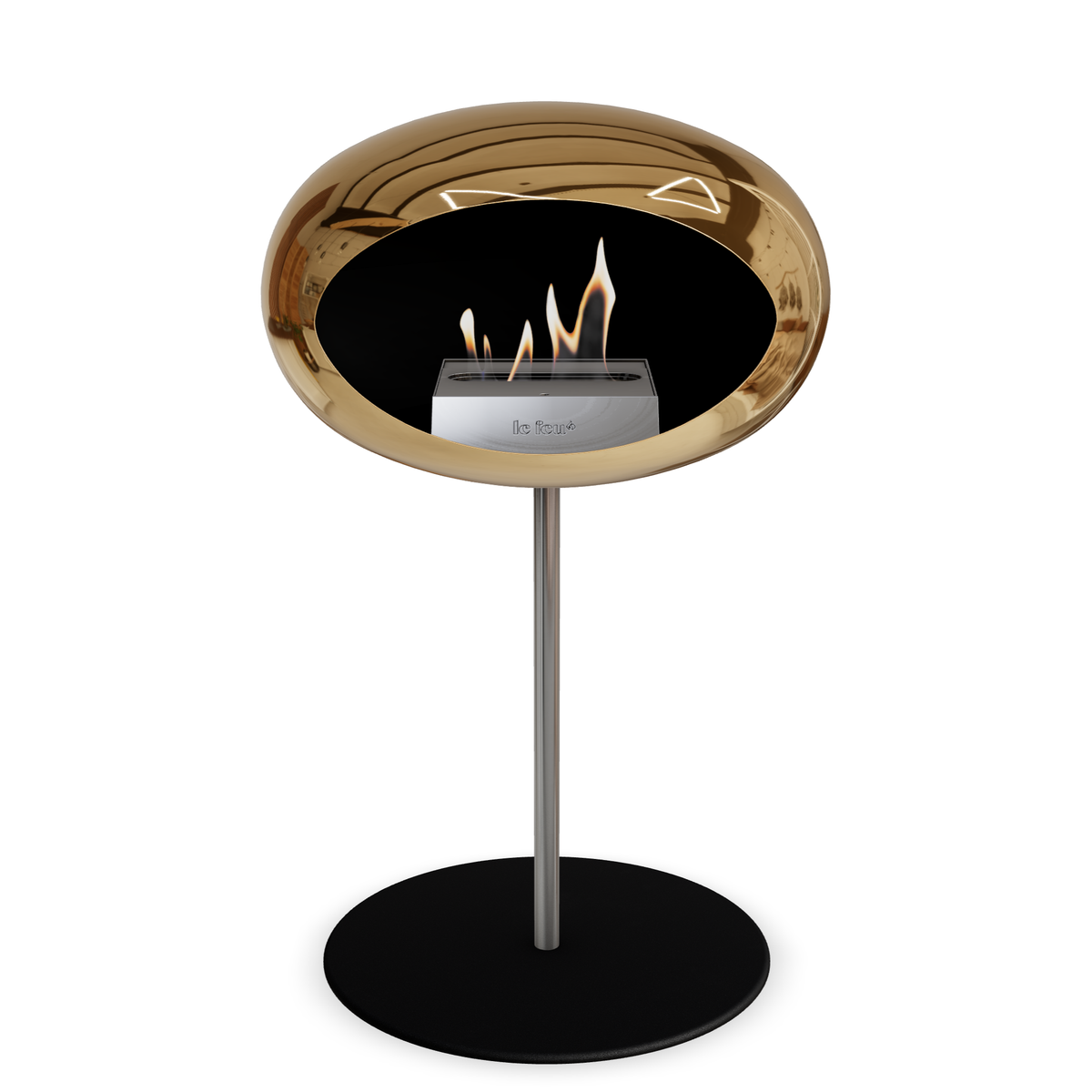 Bioethanol Standkamin Le Feu GROUND STEEL LOW freistehend 25 mm in Chrom Roségold mit Rohr Edelstahl, Brenner Edelstahl und Bodenplatte Schwarz