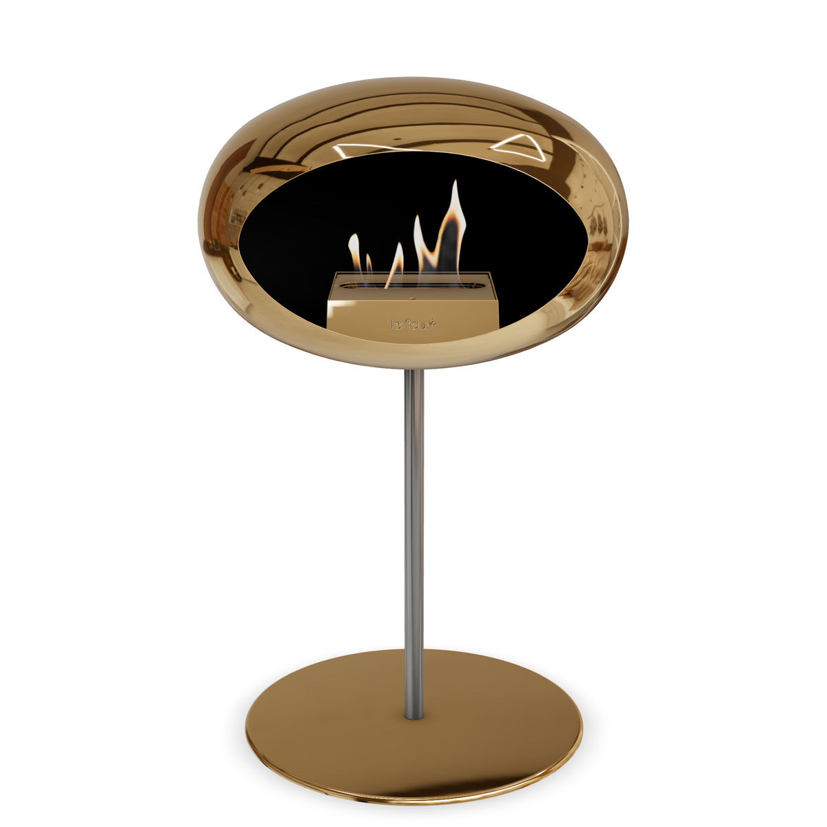 Bioethanol Standkamin Le Feu GROUND STEEL LOW freistehend 25 mm in Chrom Roségold mit Rohr Edelstahl, Brenner Roségold und Bodenplatte Roségold