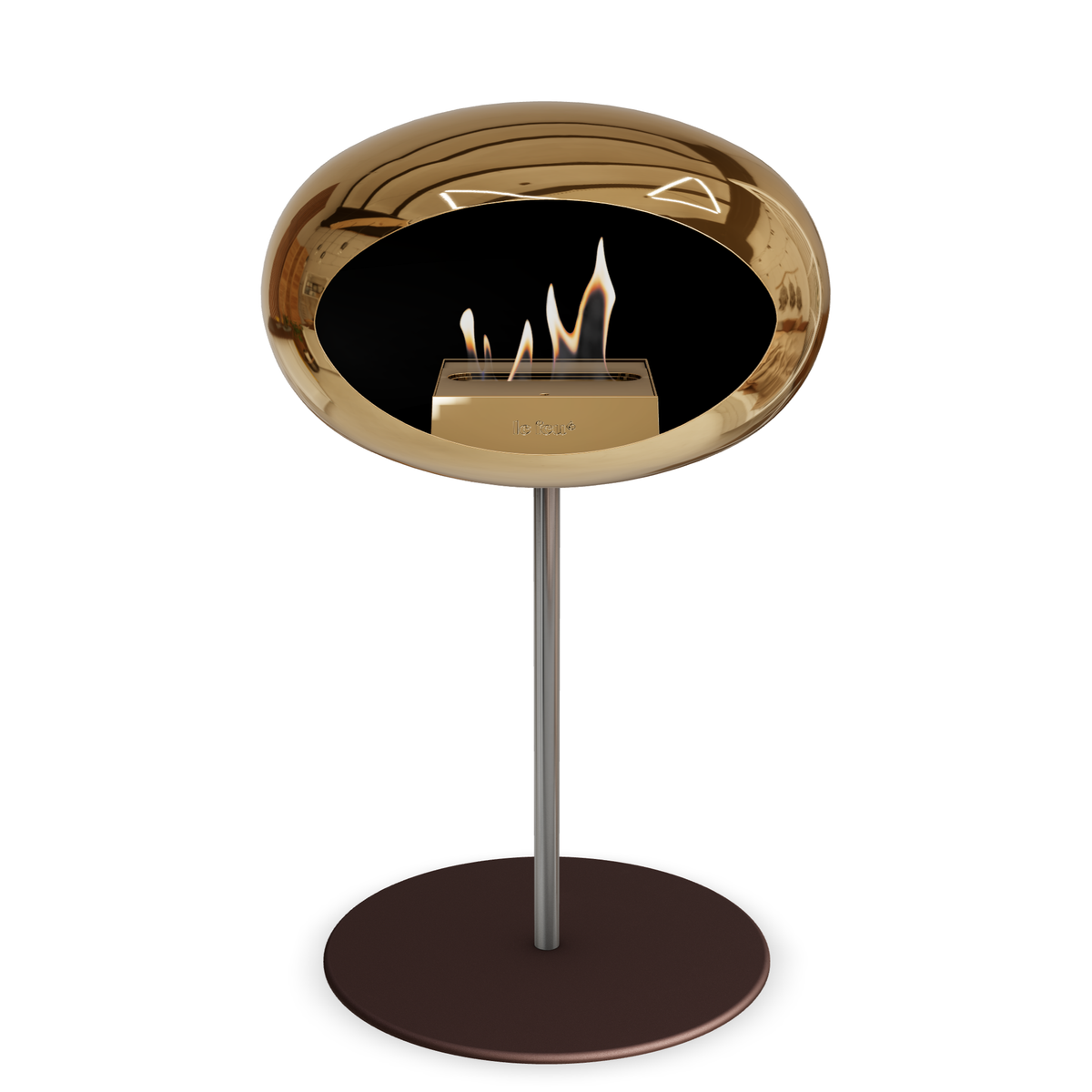 Bioethanol Standkamin Le Feu GROUND STEEL LOW freistehend 25 mm in Chrom Roségold mit Rohr Edelstahl, Brenner Roségold und Bodenplatte Mokka