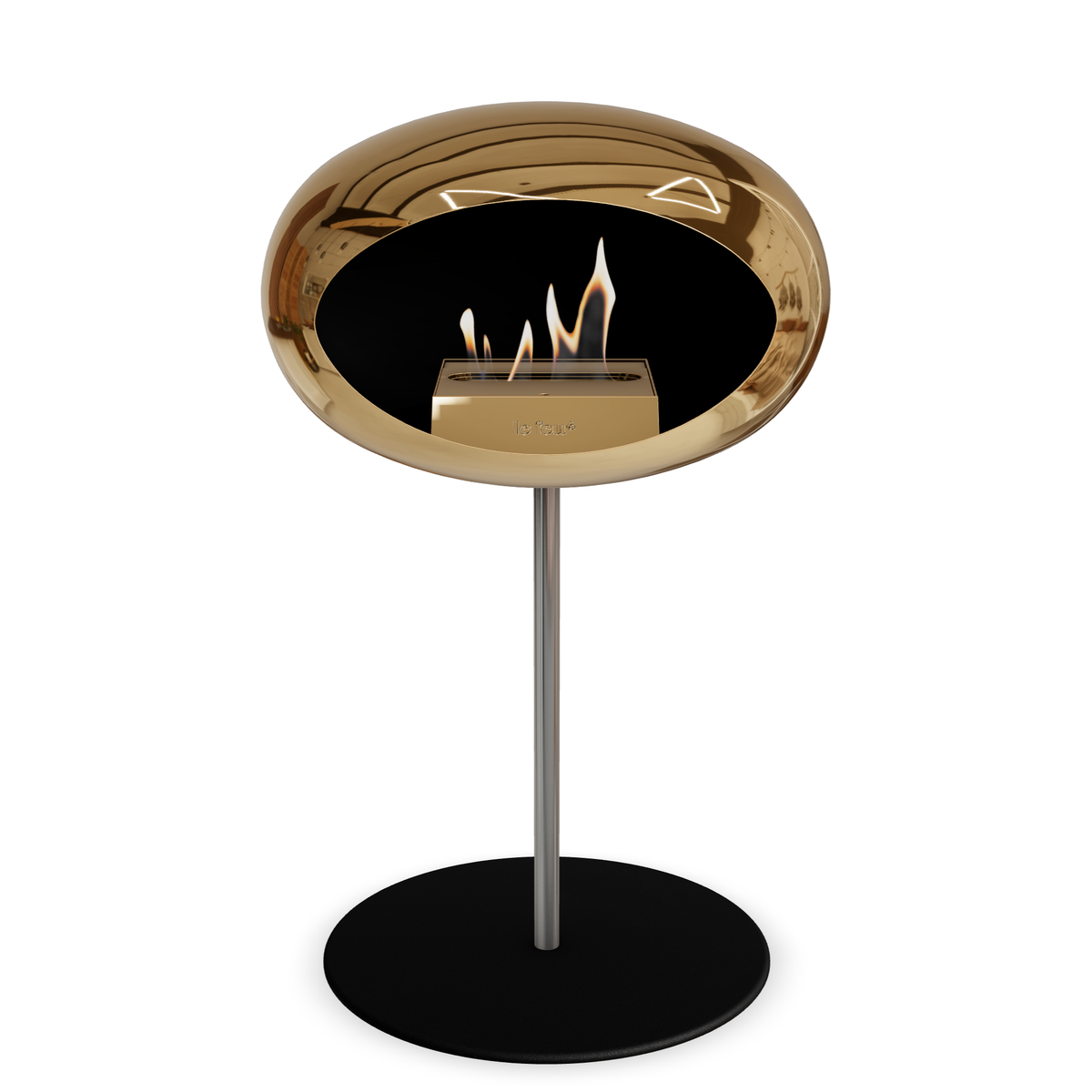 Bioethanol Standkamin Le Feu GROUND STEEL LOW freistehend 25 mm in Chrom Roségold mit Rohr Edelstahl, Brenner Roségold und Bodenplatte Schwarz