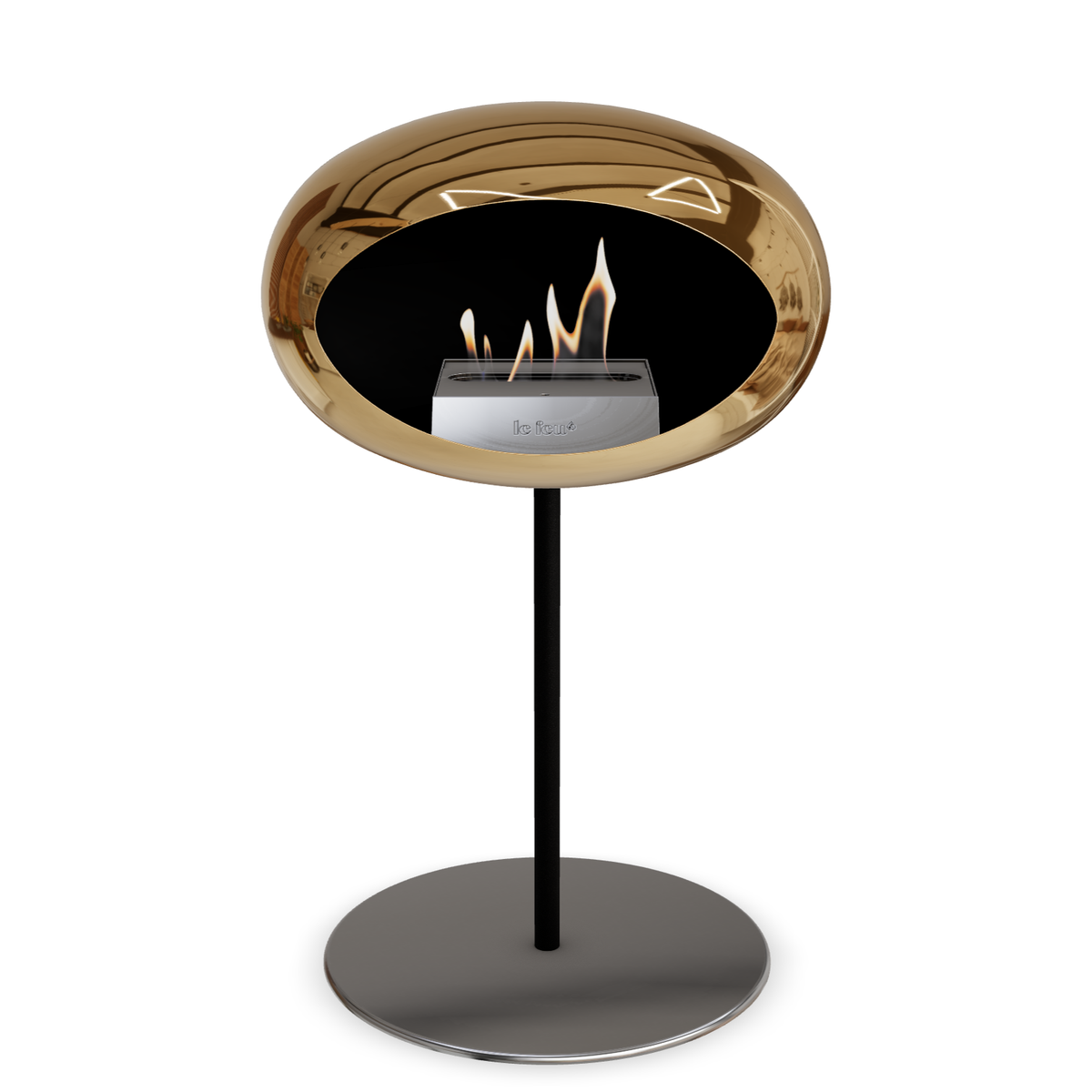 Bioethanol Standkamin Le Feu GROUND STEEL LOW freistehend 25 mm in Chrom Roségold mit Rohr Schwarz, Brenner Edelstahl und Bodenplatte Edelstahl