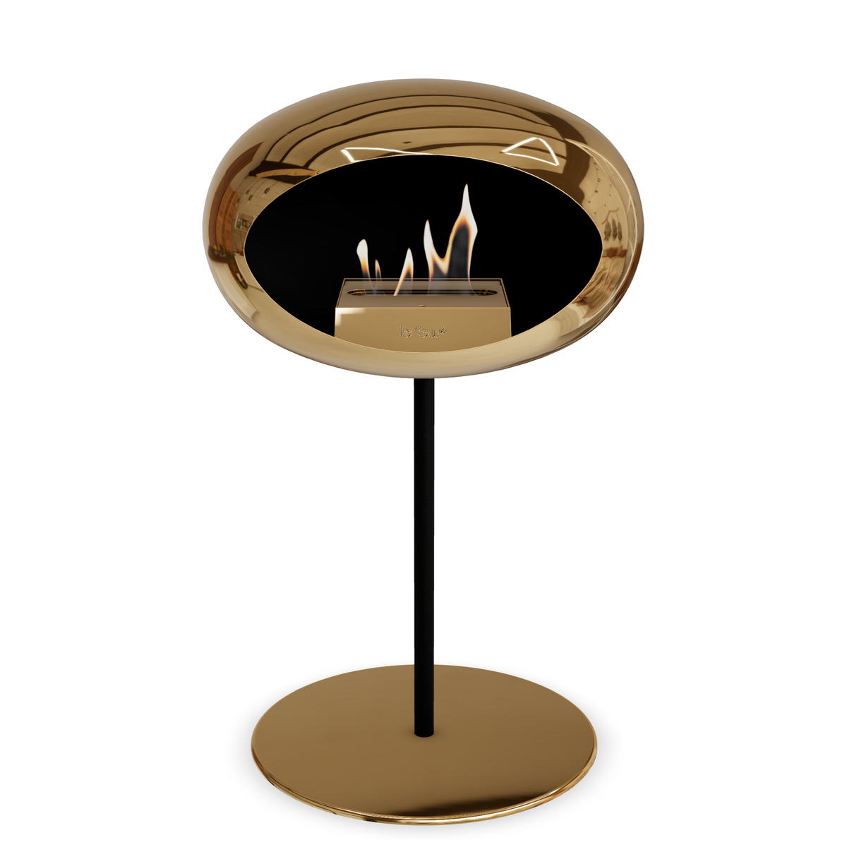 Bioethanol Standkamin Le Feu GROUND STEEL LOW freistehend 25 mm in Chrom Roségold mit Rohr Schwarz, Brenner Roségold und Bodenplatte Roségold