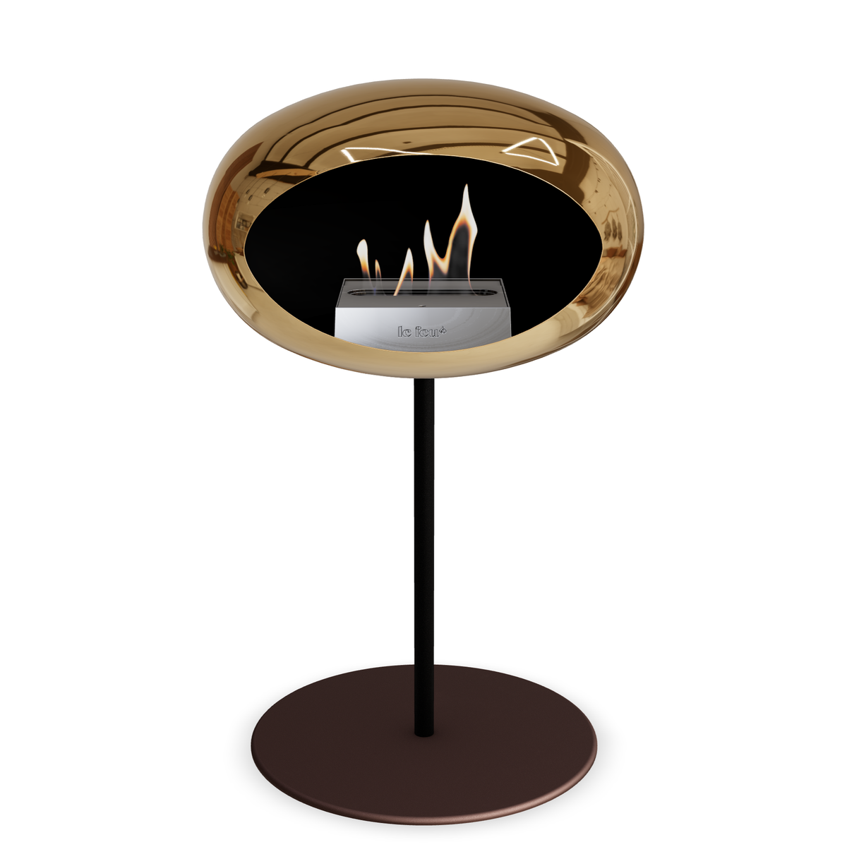 Bioethanol Standkamin Le Feu GROUND STEEL LOW freistehend 25 mm in Chrom Roségold mit Rohr Schwarz, Brenner Edelstahl und Bodenplatte Mokka
