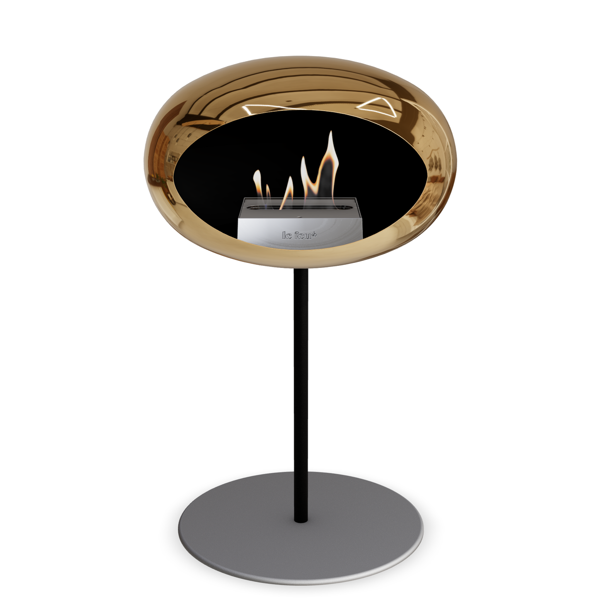 Bioethanol Standkamin Le Feu GROUND STEEL LOW freistehend 25 mm in Chrom Roségold mit Rohr Schwarz, Brenner Edelstahl und Bodenplatte Nickel