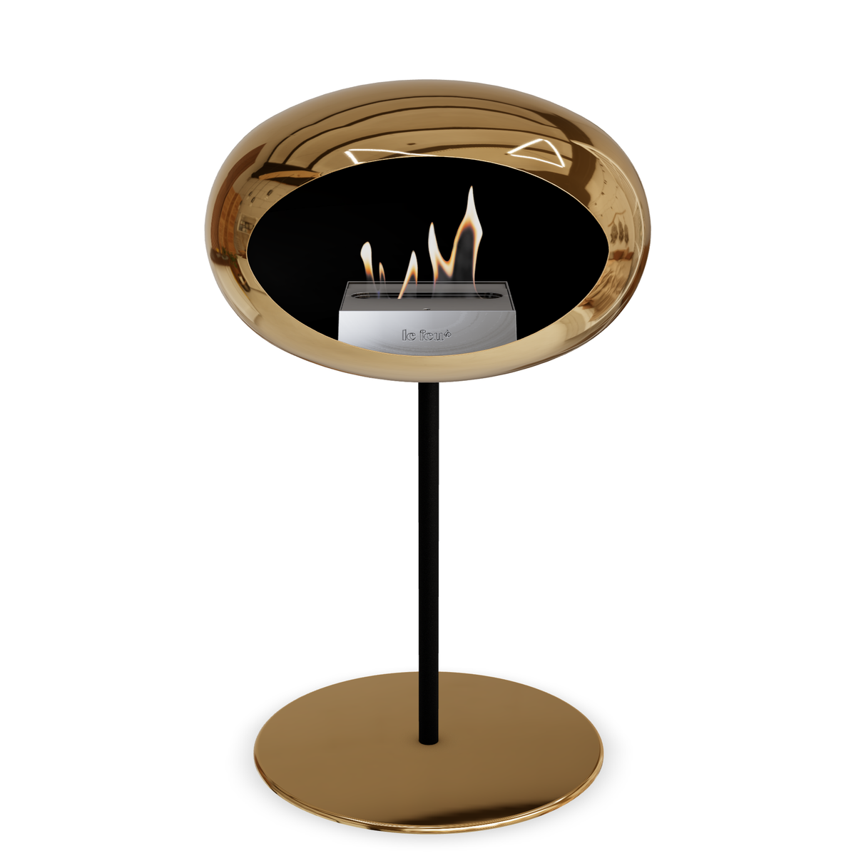 Bioethanol Standkamin Le Feu GROUND STEEL LOW freistehend 25 mm in Chrom Roségold mit Rohr Schwarz, Brenner Edelstahl und Bodenplatte Roségold