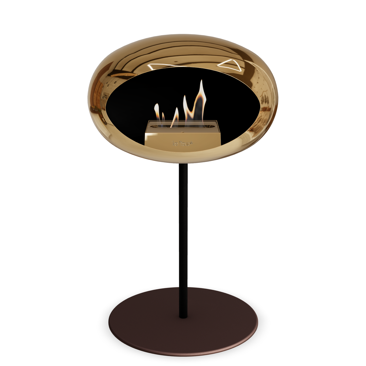 Bioethanol Standkamin Le Feu GROUND STEEL LOW freistehend 25 mm in Chrom Roségold mit Rohr Schwarz, Brenner Roségold und Bodenplatte Mokka