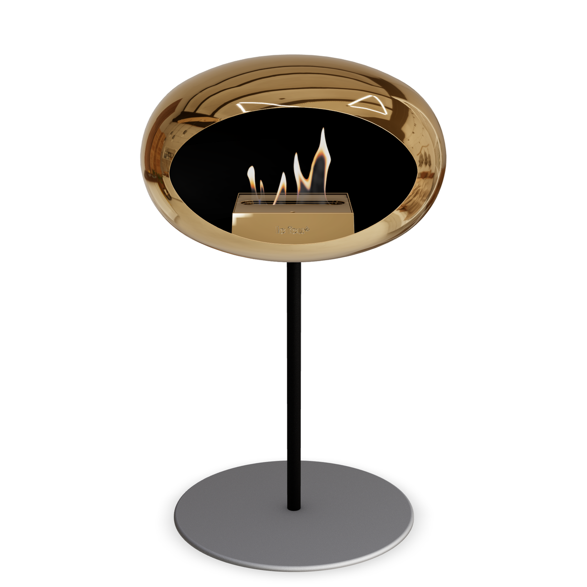 Bioethanol Standkamin Le Feu GROUND STEEL LOW freistehend 25 mm in Chrom Roségold mit Rohr Schwarz, Brenner Roségold und Bodenplatte Nickel