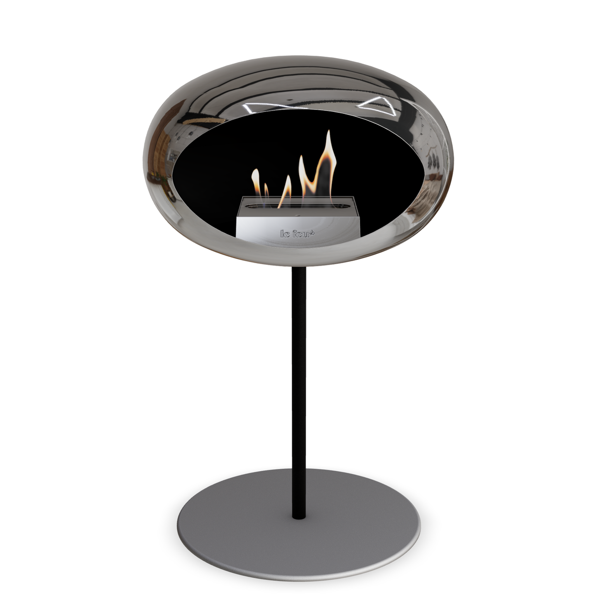 Bioethanol Standkamin Le Feu GROUND STEEL LOW freistehend 25 mm in Chrom Silber mit Rohr Schwarz, Brenner Roségold und Bodenplatte Nickel