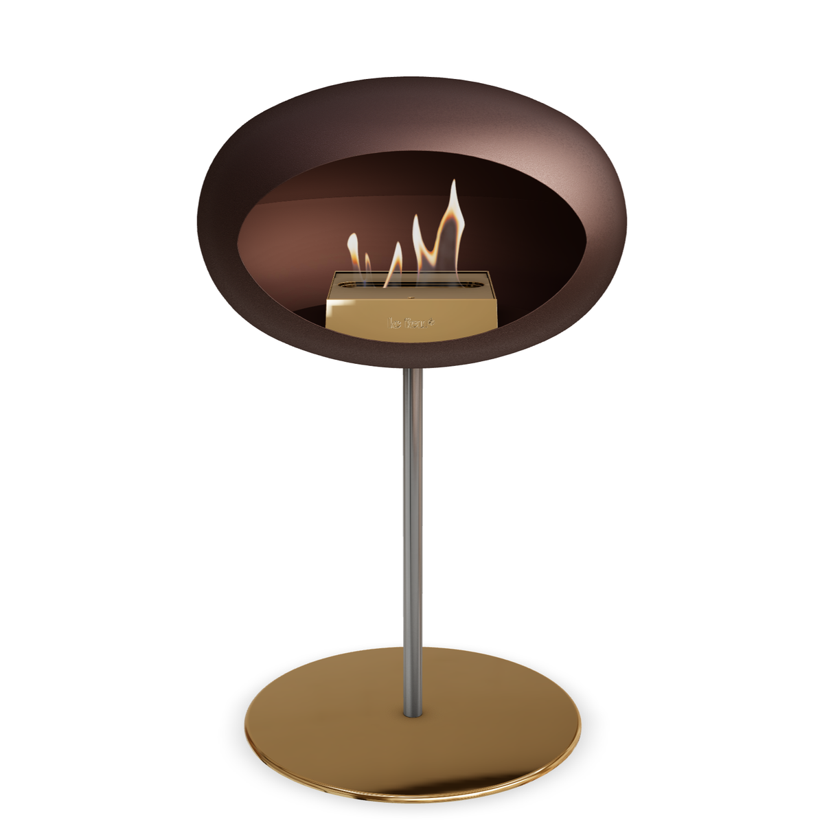 Bioethanol Standkamin Le Feu GROUND STEEL LOW freistehend 25 mm in Mokka mit Rohr Edelstahl, Brenner Roségold und Bodenplatte Roségold
