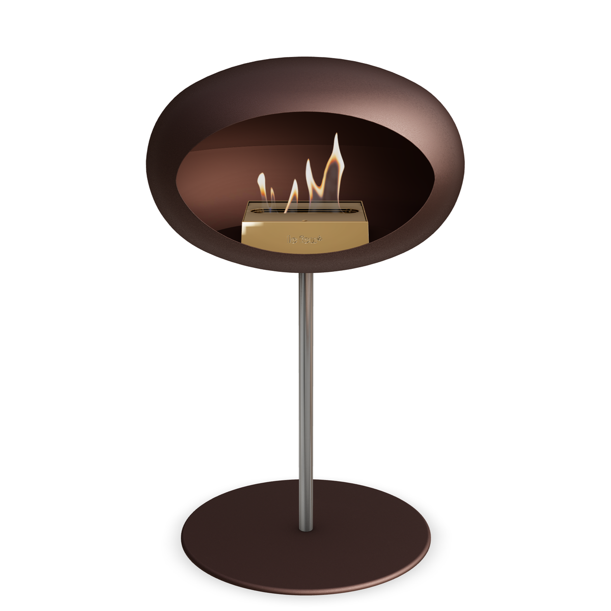 Bioethanol Standkamin Le Feu GROUND STEEL LOW freistehend 25 mm in Mokka mit Rohr Edelstahl, Brenner Roségold und Bodenplatte Mokka