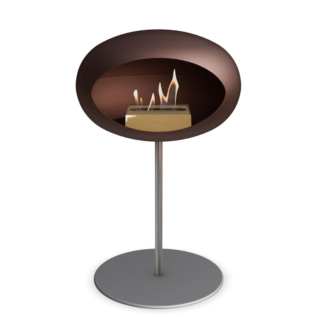 Bioethanol Standkamin Le Feu GROUND STEEL LOW freistehend 25 mm in Mokka mit Rohr Edelstahl, Brenner Roségold und Bodenplatte Nickel