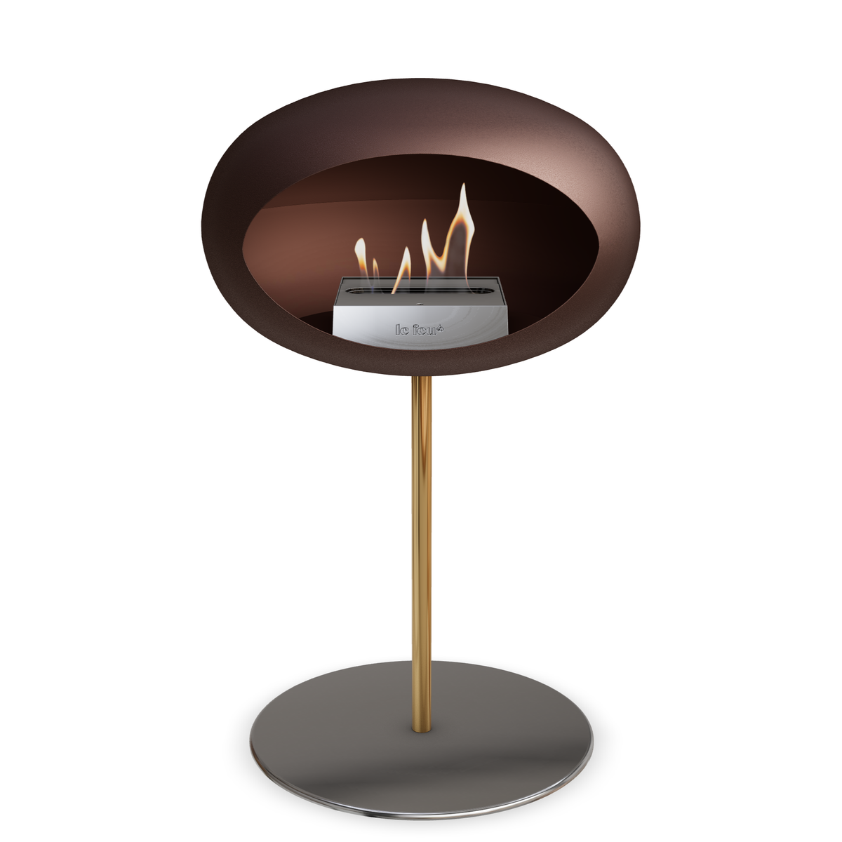 Bioethanol Standkamin Le Feu GROUND STEEL LOW freistehend 25 mm in Mokka mit Rohr Roségold, Brenner Edelstahl und Bodenplatte Edelstahl
