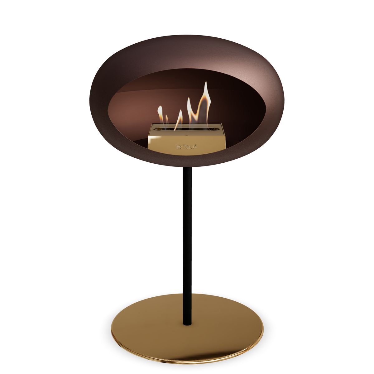 Bioethanol Standkamin Le Feu GROUND STEEL LOW freistehend 25 mm in Mokka mit Rohr Schwarz, Brenner Roségold und Bodenplatte Roségold