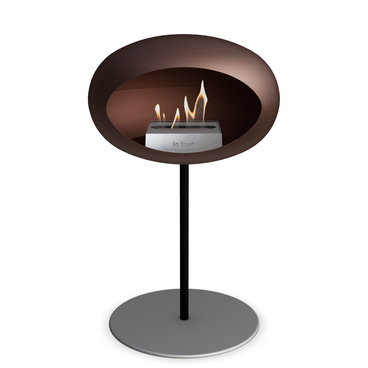 Bioethanol Standkamin Le Feu GROUND STEEL LOW freistehend 25 mm in Mokka mit Rohr Schwarz, Brenner Edelstahl und Bodenplatte Nickel