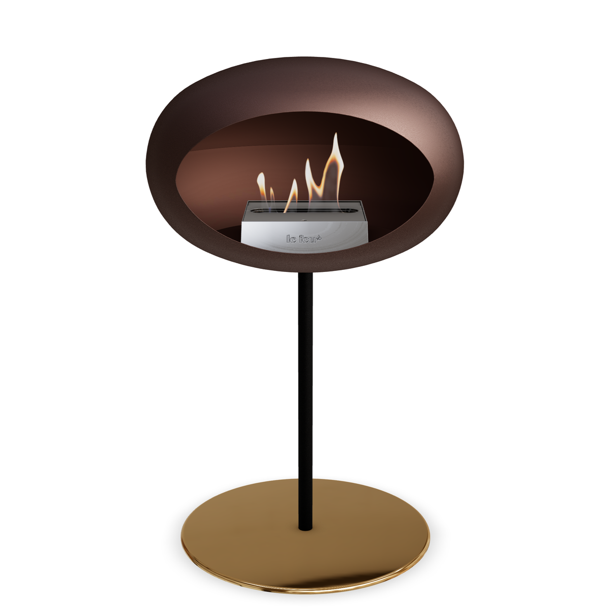 Bioethanol Standkamin Le Feu GROUND STEEL LOW freistehend 25 mm in Mokka mit Rohr Schwarz, Brenner Edelstahl und Bodenplatte Roségold