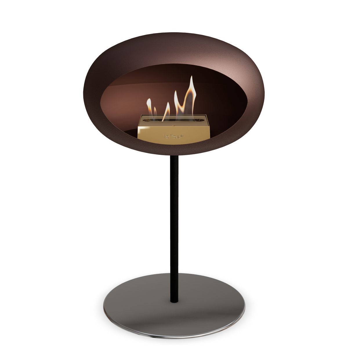 Bioethanol Standkamin Le Feu GROUND STEEL LOW freistehend 25 mm in Mokka mit Rohr Schwarz, Brenner Roségold und Bodenplatte Edelstahl