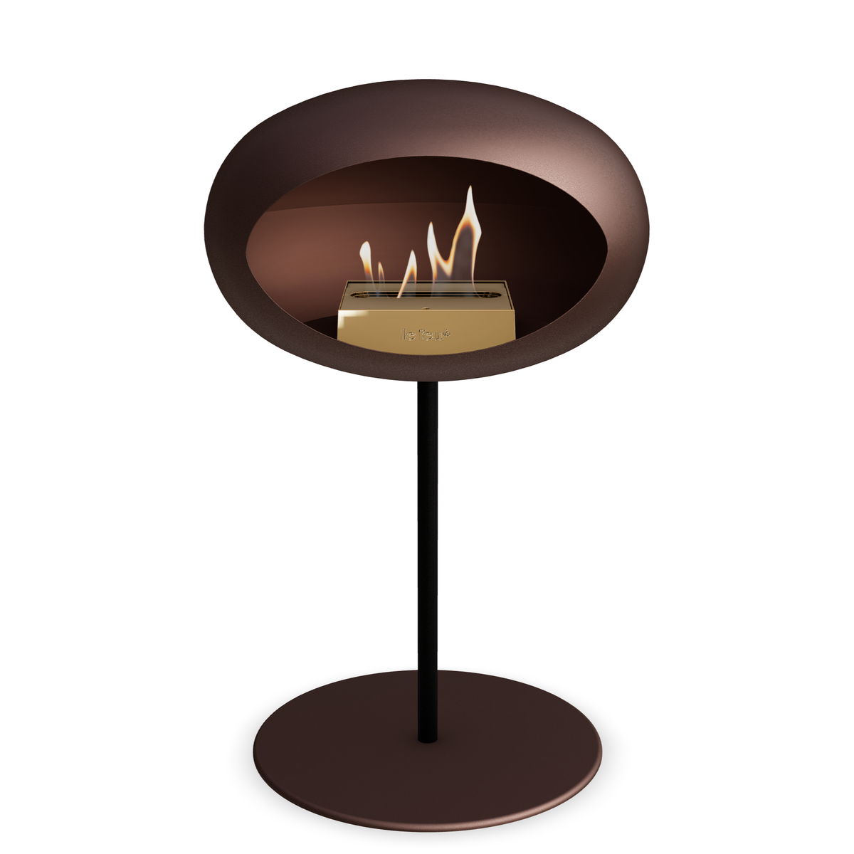 Bioethanol Standkamin Le Feu GROUND STEEL LOW freistehend 25 mm in Mokka mit Rohr Schwarz, Brenner Roségold und Bodenplatte Mokka