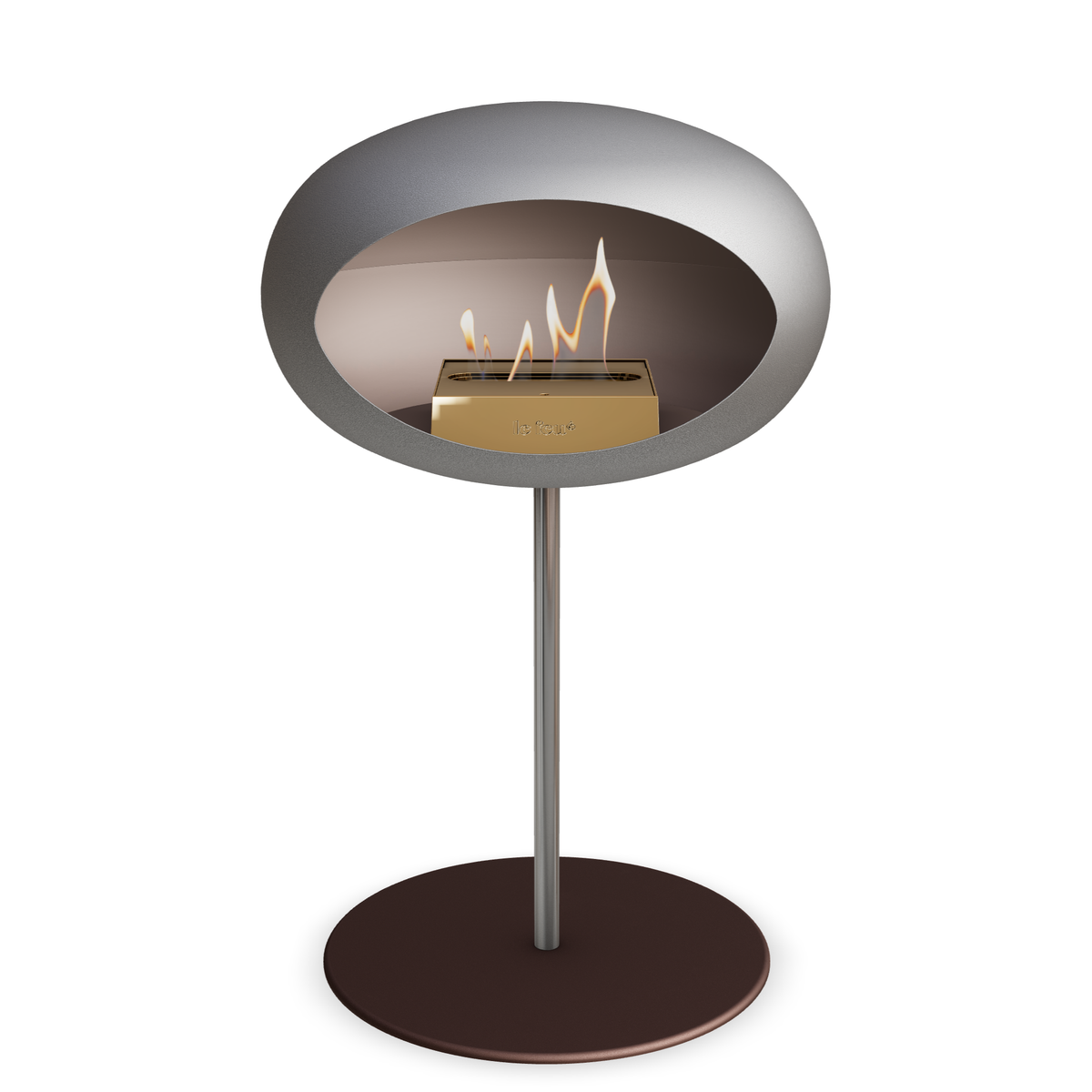 Bioethanol Standkamin Le Feu GROUND STEEL LOW freistehend 25 mm in Nickel mit Rohr Edelstahl, Brenner Roségold und Bodenplatte Mokka