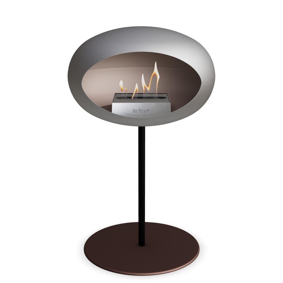 Bioethanol Standkamin Le Feu GROUND STEEL LOW freistehend 25 mm in Nickel mit Rohr Schwarz, Brenner Edelstahl und Bodenplatte Mokka