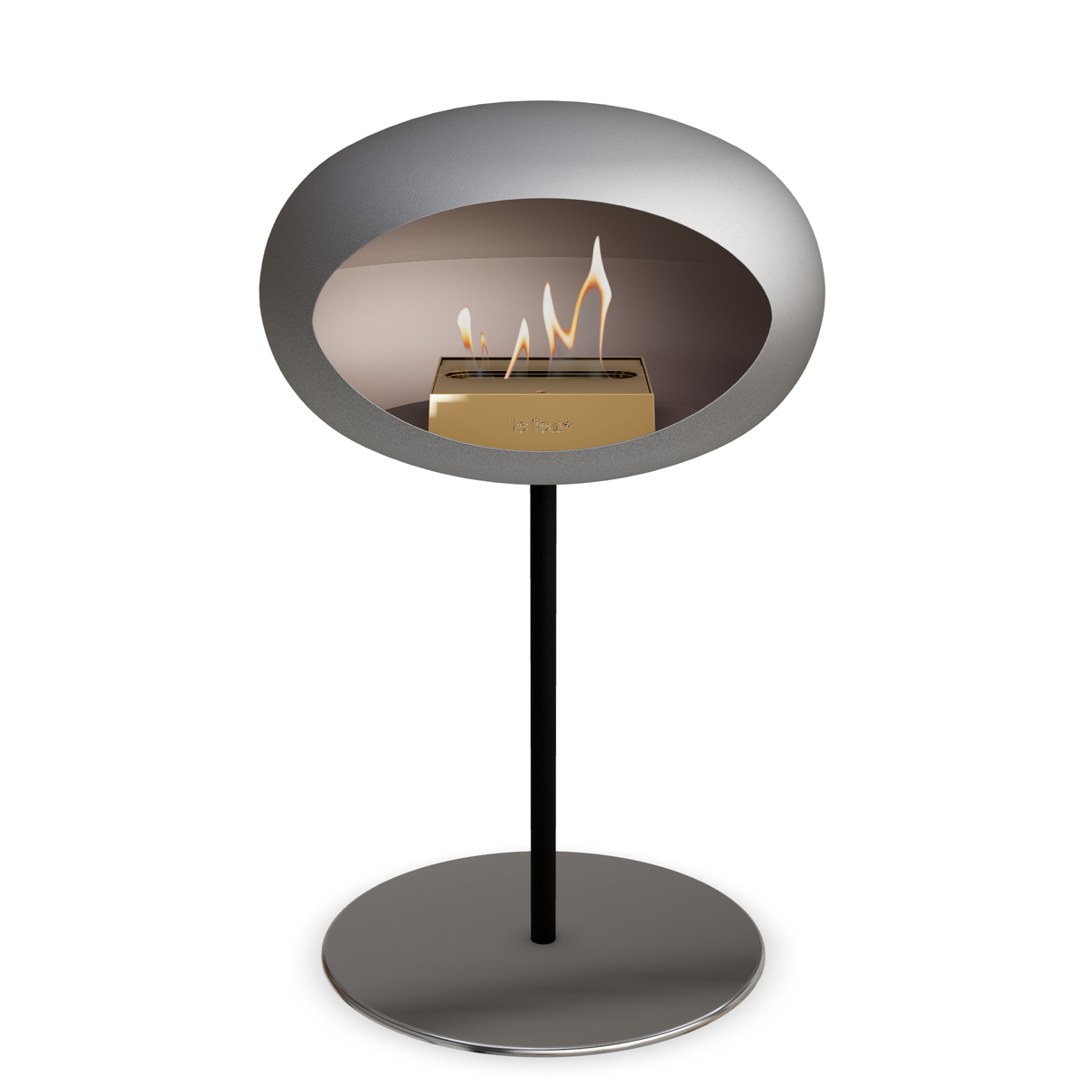 Bioethanol Standkamin Le Feu GROUND STEEL LOW freistehend 25 mm in Nickel mit Rohr Schwarz, Brenner Roségold und Bodenplatte Edelstahl