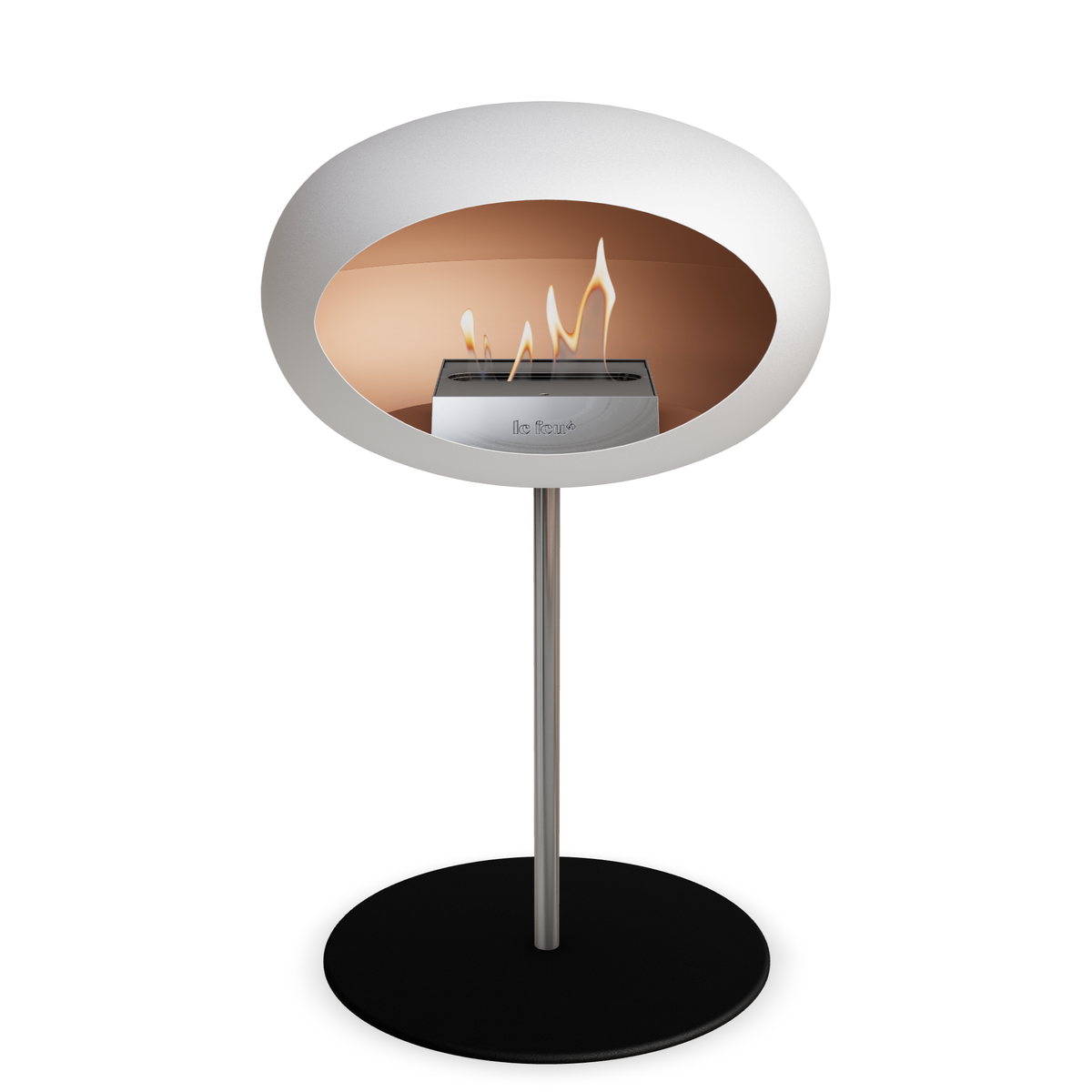 Bioethanol Standkamin Le Feu GROUND STEEL LOW freistehend 25 mm in Weiss mit Rohr Edelstahl, Brenner Edelstahl und Bodenplatte Schwarz