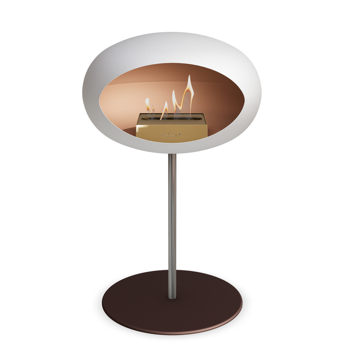 Bioethanol Standkamin Le Feu GROUND STEEL LOW freistehend 25 mm in Weiss mit Rohr Edelstahl, Brenner Roségold und Bodenplatte Mokka